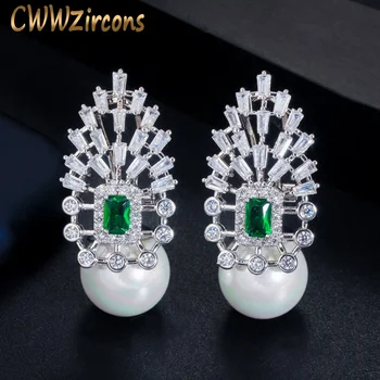 

CWWZircons Luxury Cubic Zirconia Pave Big Round Drop Pearl Earrings for Women Statement Wedding Party Jewelry CZ614