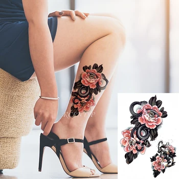

Waterproof Temporary Tattoo Sticker Black Snake Peony Flower Metal Chain Fake Tatto Flash Tatoo Hand Arm Art for Women Men