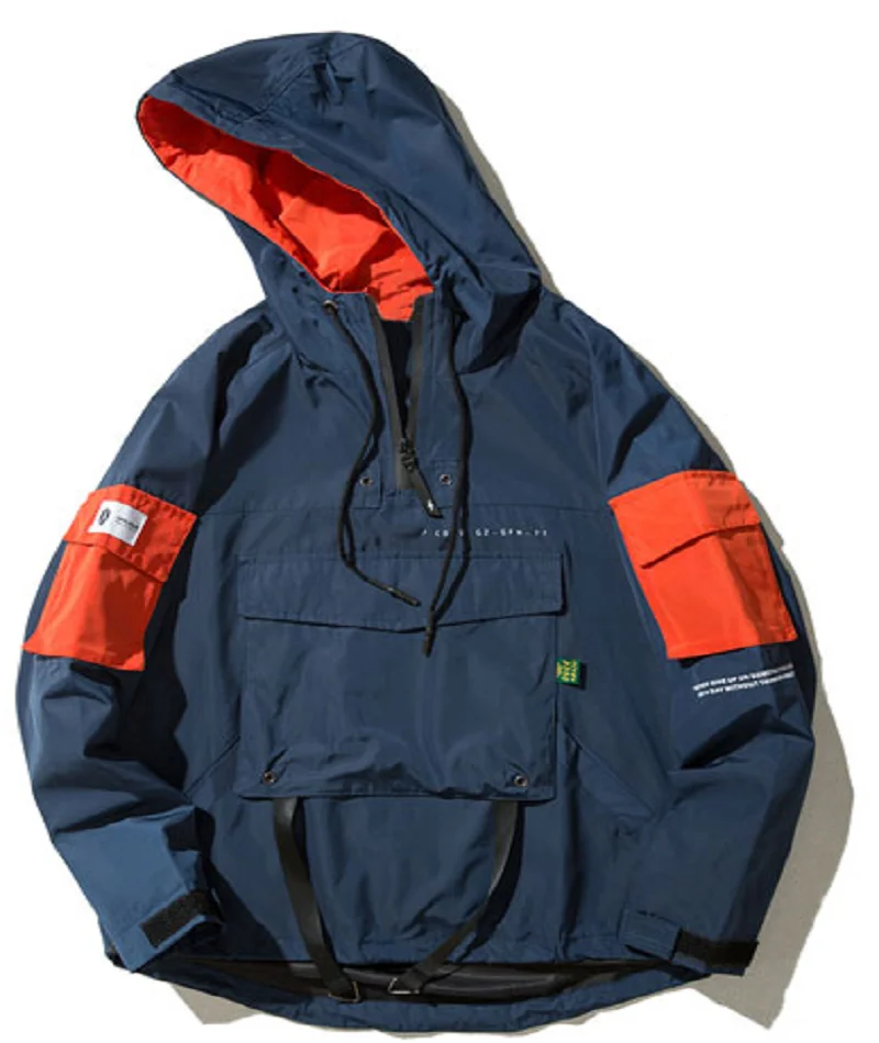 

Front Pocket Pullover Jackets Men Autumn Half Zipper Hoodie Jacket Male Hip Hop Casual Windbreaker Coat Streetwear