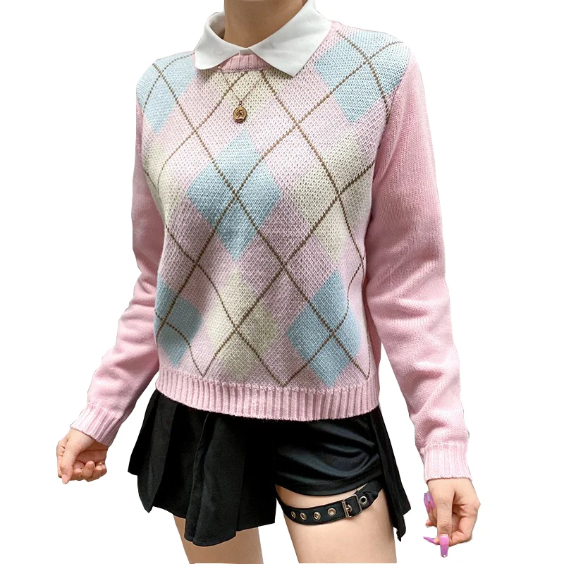 

Vintage Loose Pink Argyle Cropped Women Sweater Autumn Fashion Knitted Pullover Gothic Crewneck Long Sleeve Cute Woman Tops
