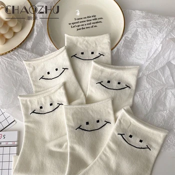 

CHAOZHU Simple Line Draw Girls' Japanese White Cute Smile Face Puppy Pig Kawaii Socks Daily Basic Calcetines Harajuku Skarpetki
