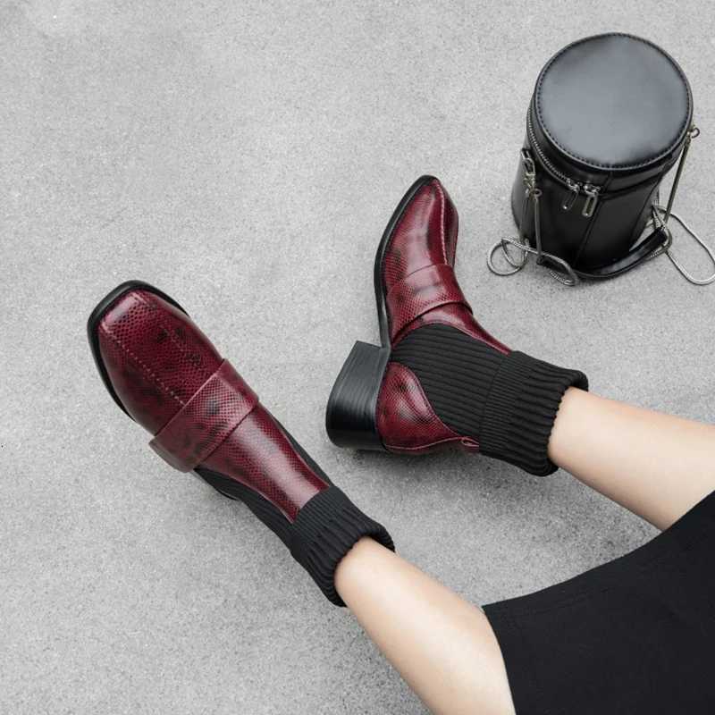 [DEAT] Square Toe Mixed Colors Casual Pu Leather Velvet Shoes Women Short Boots New Autumn Winter Fashion Tide 10E660