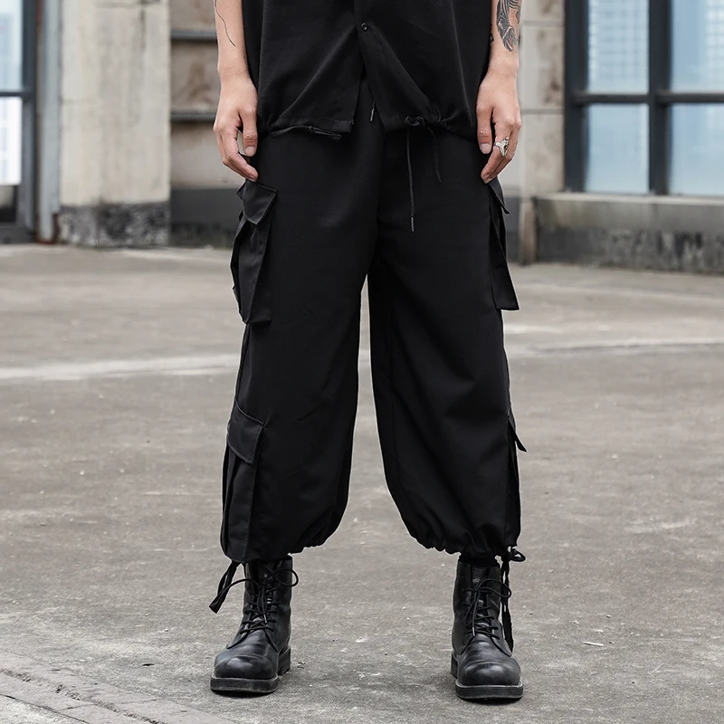 Men's new black multi-pocket pants with drawstring design hip-hop street style loose casual cargo pants