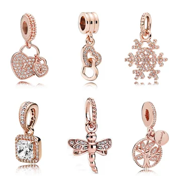 

New Original 925 Sterling Silver Sparkling Rosegold Crystal Dangle Charms Fit Pan Bracelet Women DIY Jewelry Pendant Beads