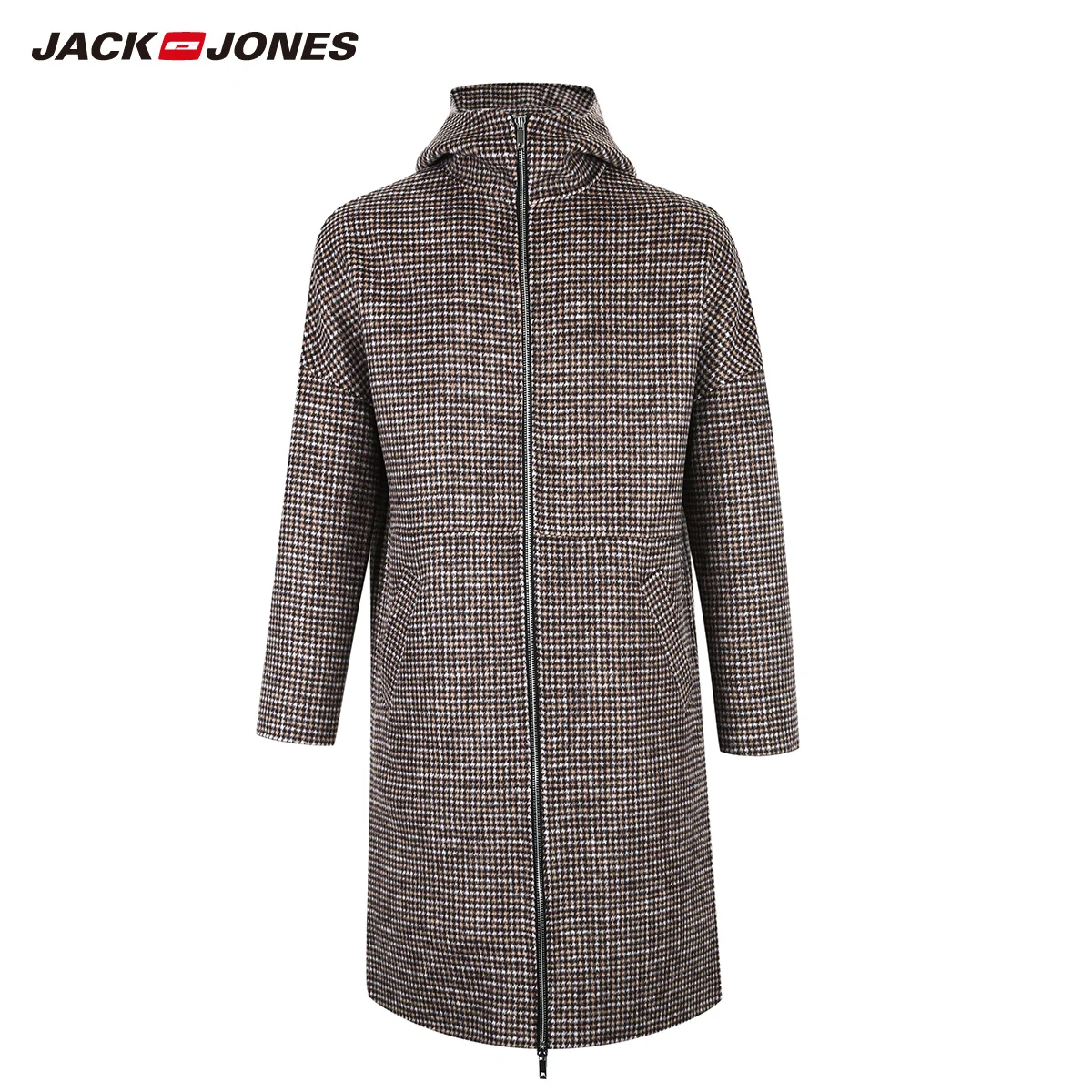JackJones осеннее и зимнее клетчатое с капюшоном Мужское пальто средней длины шерстяное | 219127501
