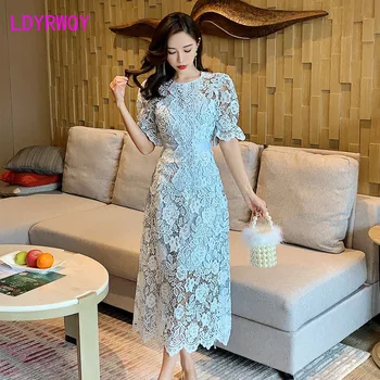 

New 2020 Spring French Vintage Court Wind Blue Lace Backless Dress Knee-Length Office Lady Zippers Sheath