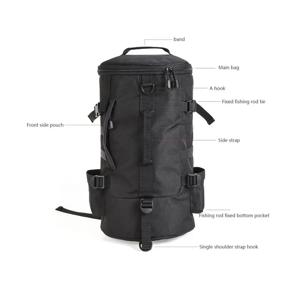 Fishing Bag Folding Black Cylindrical Large Capacity Fishing Tackle Backpack Tackle Storage Bags Travel Carry Bag Black