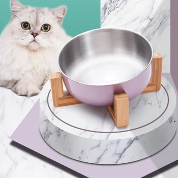 

Cat Bowl 15 Degree Tilted Pet Cats Feeder Stainless Steel Puppy Cats Feeder Cat Bowl Wooden Stand Holder Home Pet Supplies