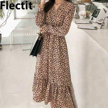

Flectit Flowy Chiffon V-neck Print Midi Dress with Tie Belt Long Sleeve Ruffled Hem Slim Midi Dress Female Vestidos *