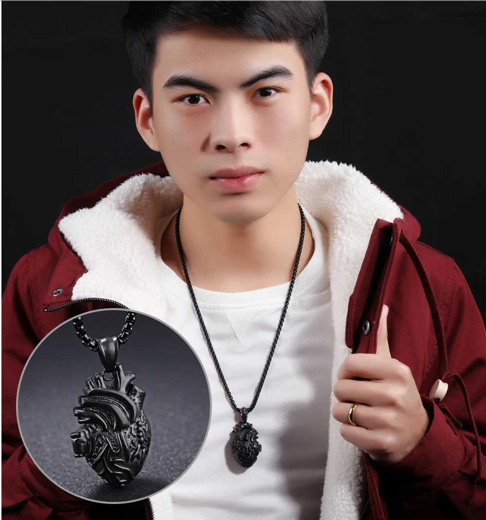 (23mm*35mm)  Open Anatomical Organ Heart Pendant Necklace for Men Stainless Steel Urn for Memorial Locket Necklace Chain 21.6 in 3