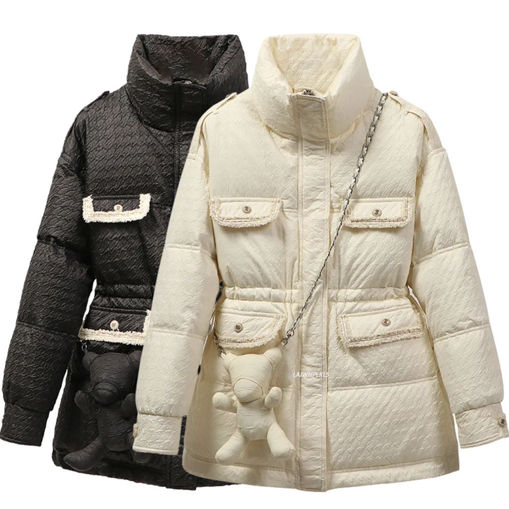 2021 New Women Winter Warm Lovely Jacket Thick 90% White Duck Down Loose Coat Outwear Stand Collar with Bag | Женская одежда