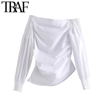 

TRAF Women Vintage Sexy Solid Pleated Asymmetric Blouses Fashion Long Sleeve Smocking Detail Female Shirts Blusas Chic Tops