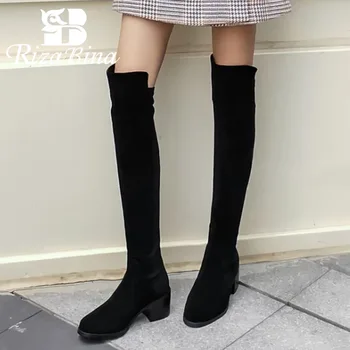 

RIZABINA New Women Over Knee Boots Real Leather Flat Heel Women Winter Boots Fashion Long Boots Daily Women Footwear Size 34-42