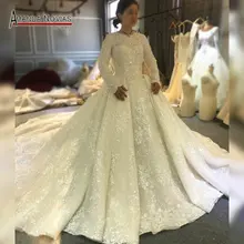 Robe de mariée en dentelle pour filles musulmanes, robe de mariée doublée avec long train, dubaï, 2020 