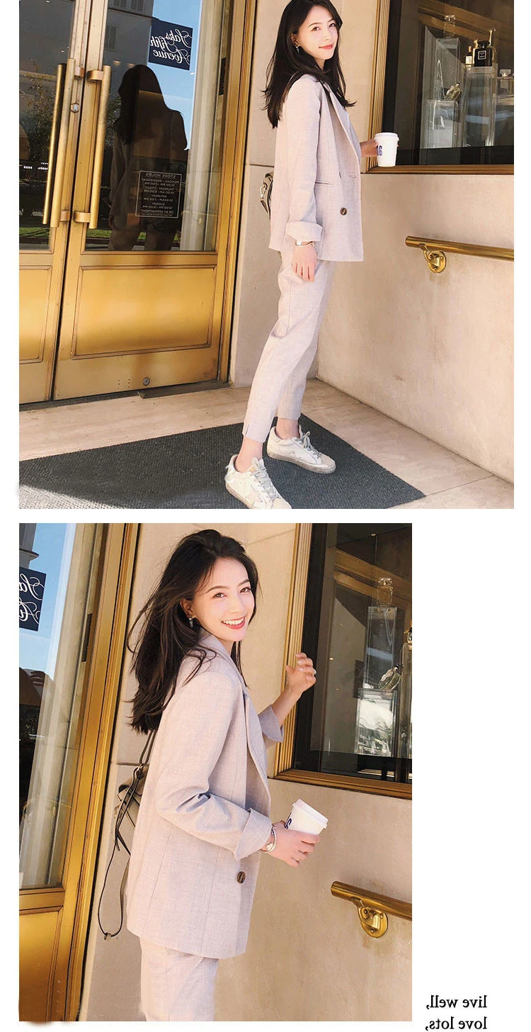 Женский комплект из 2 предметов короткий серый однотонный блейзер+ штаны с завышенной талией офисный женский жакет с разрезом брюки костюмы корейские костюмы Femme