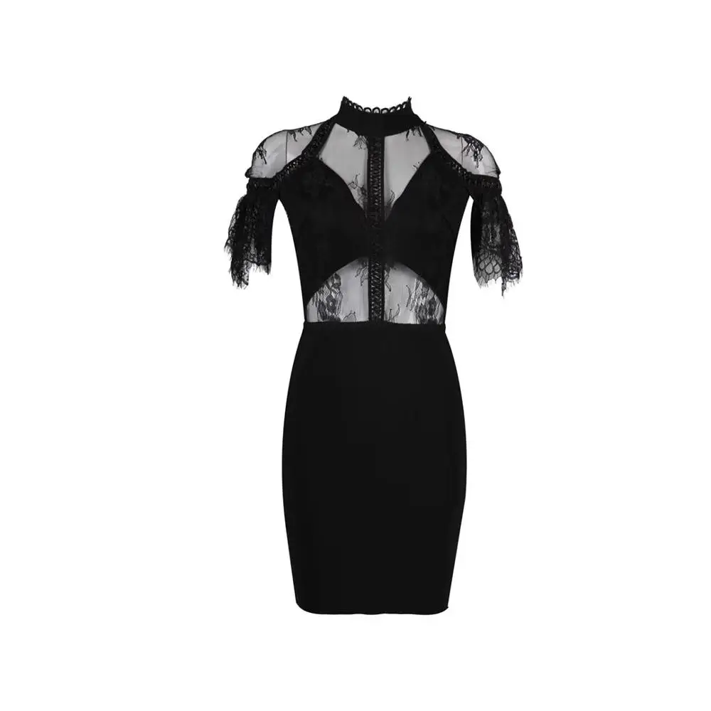 BJ0399 New Style O-neck Backless Lace See-Through Bandage Pub Party dress Sexy Women celebrity body con dresses wholesale - Color: Black
