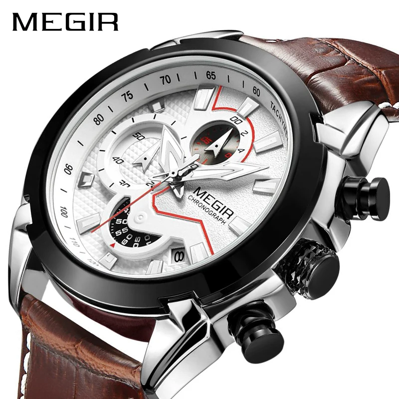 

MEGIR Military Sport Watch Men Top Brand Luxury Leather Army Quartz Watches Clock Men Creative Chronograph Relogio Masculino