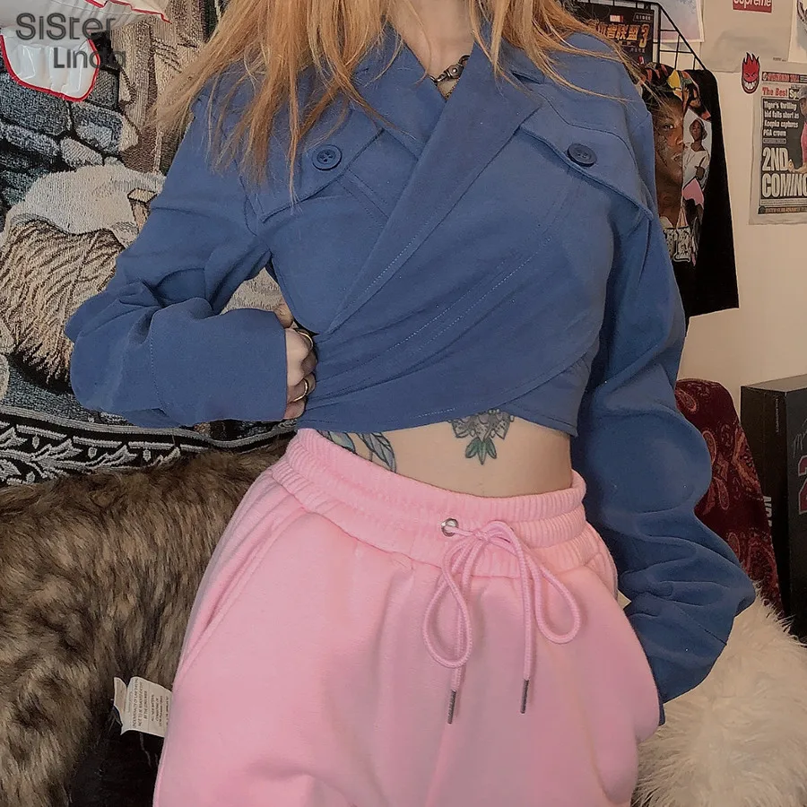 low cost  Sisterlinda Casual Blue Cropped Tops Woman Short Hollow Out Jacket Women Outwear 2019 Fall Retro Ja