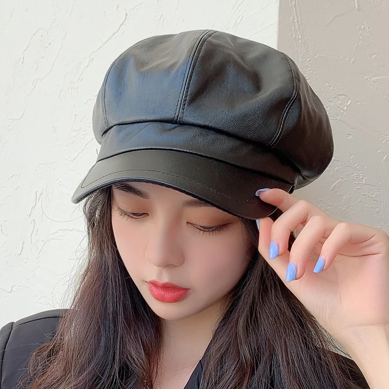Newsboy Cap Fashion Artist Painter Pu Leather Female Korean Octagonal Cap Autunm Winter Casual Beret Hat Women Flat Bonnet Men S Newsboy Caps Aliexpress