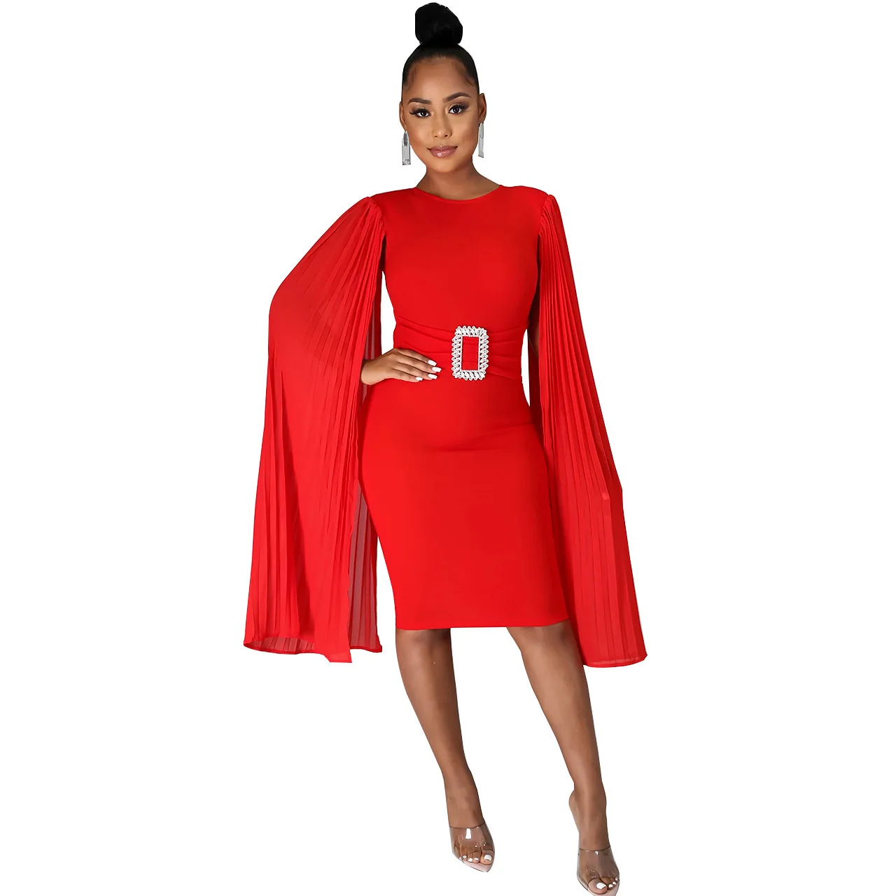 Winter  Office Lady Solid Cloak Sleeves Plain Cape Pencil Elegant Party Dress Vestidos