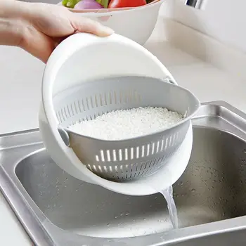 

Double Drain Rice Washing Noodles Basket Kitchen Fruit Vegetable Bowl Shape Sink Strainer Creative Colander Rotating Tray Gadget
