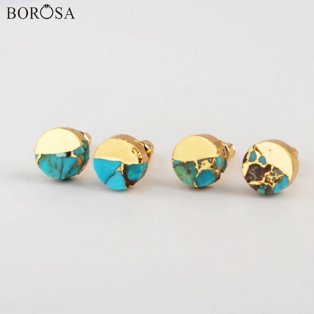 

BOROSA Natural Blue Turquoises Studs Earrings with Gold Veins 8mm Round Triangle Square Stud Earrings Jewelry Girls Gifts G1983