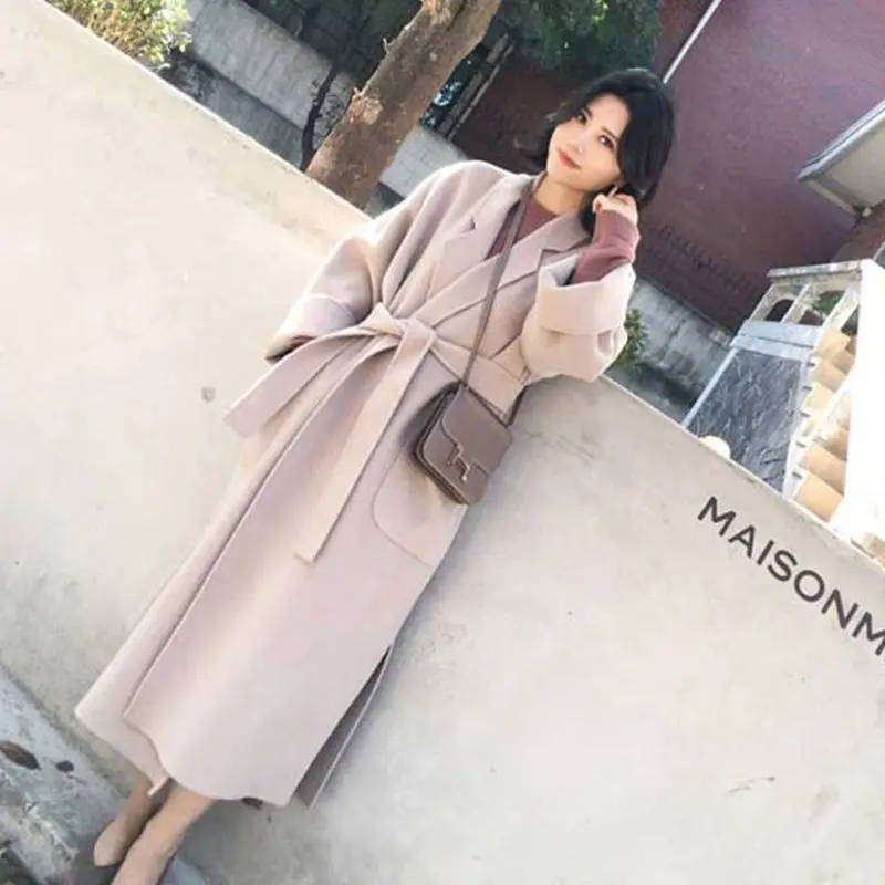 Большие размеры свободное шерстяное пальто женское корейское модное однотонное длинное пальто Осень Зима Новое женское элегантное с поясом уличная