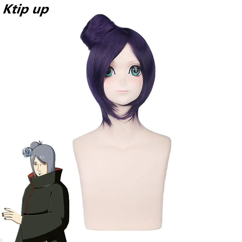 

Ktip Up NARUTO Konan Cosplay Wigs For Women Anime Party 40cm Short Straight Synthetic Hair With A Bun Christmas Gift Dark Purple