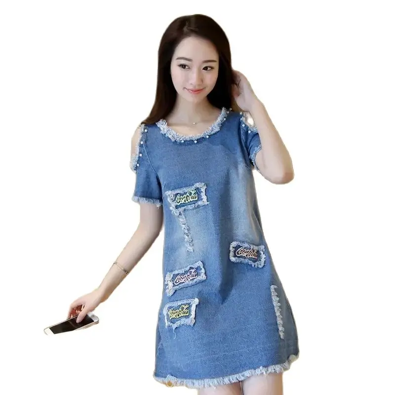

Женское платье в ковбойском стиле, свободное джинсовое платье с коротким рукавом и надписями, лето 2023