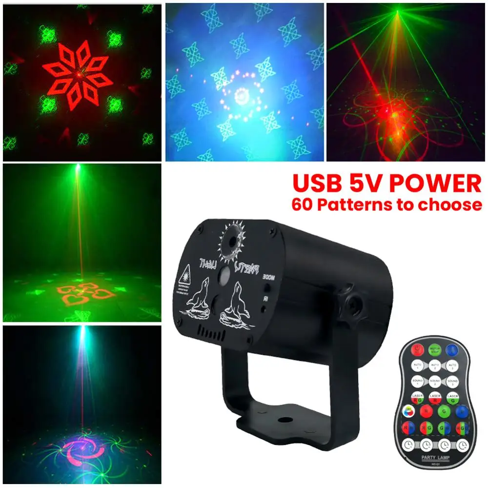 Миниатюрный сценический светодиодный RGB проектор 60 режимов красный синий