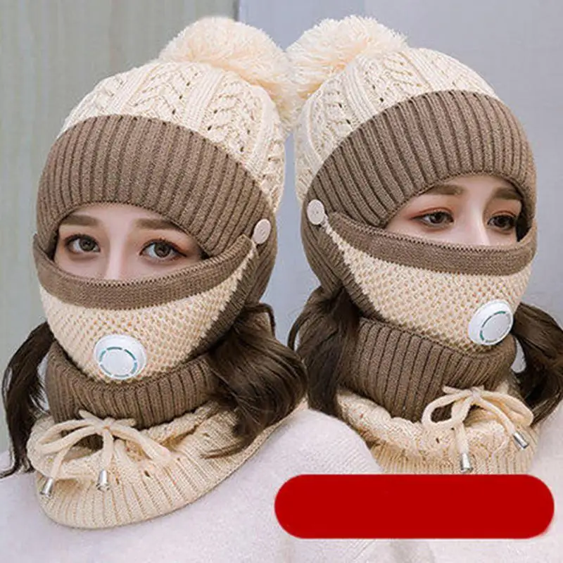 Beige MISSKY, женские шапки, вязаные шапочки, бархатная Толстая маска, защита для ушей, Skullies, шапка для верховой езды, лыжного спорта, женская зимняя шапка - Цвет: Beige