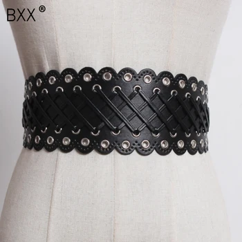 

[BXX] 2020 Spring Summer Woman New Stylish Black Color Hollow Cross Wave Rim PU Leather Waist Belt All Match Belt LI634