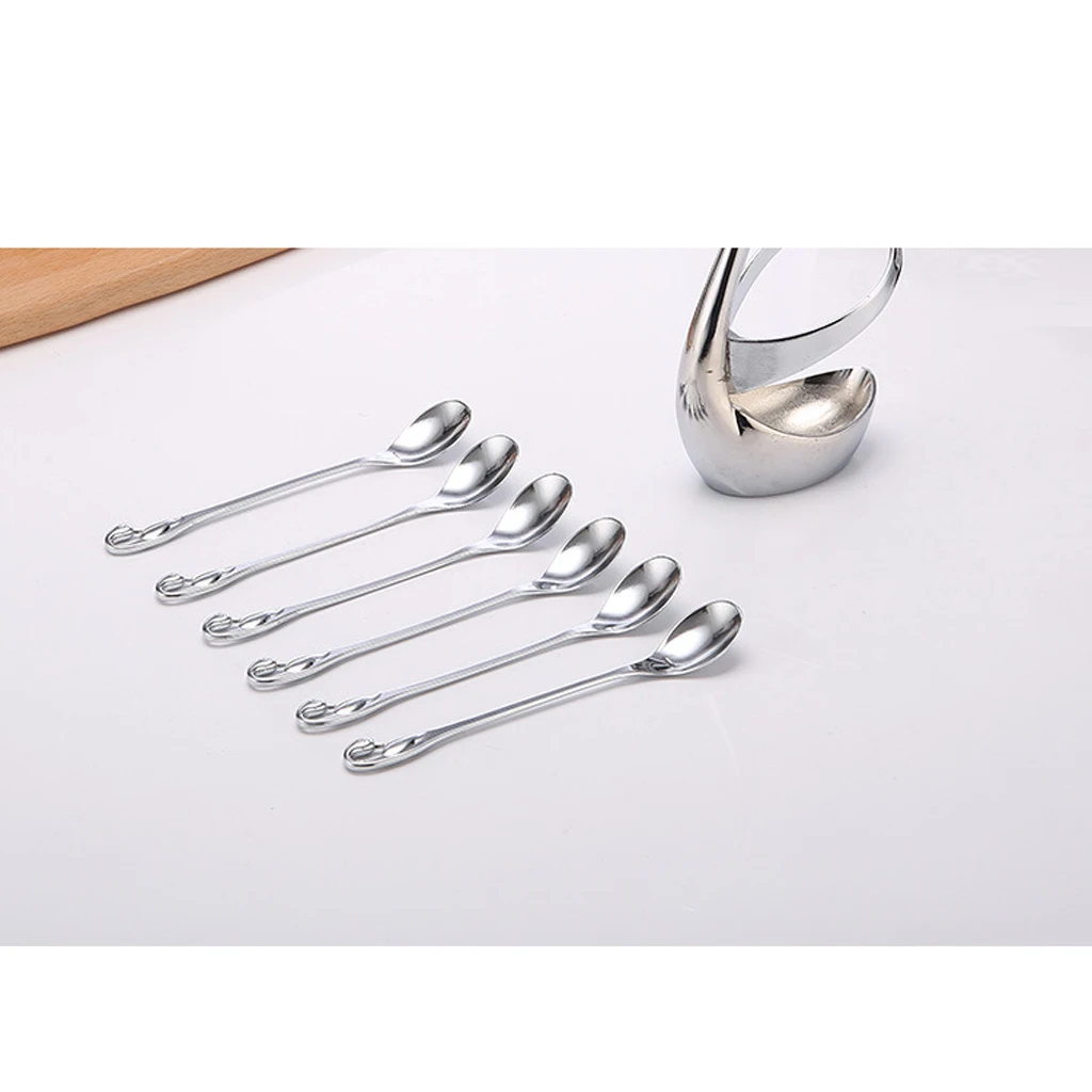 Stainless Steel Fruit Fork & Spoon Swan Base Coffee teaspoon Cutlery Set with 3pcs fork 3pcs spoon