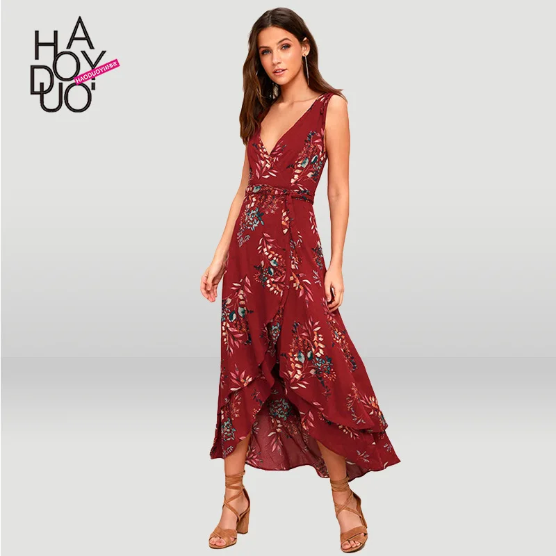 

Haoduoyi Bohemian Style Holiday V-neck Lace-up Waist Hugging Floral Print Cascading Flounced Dress Women's