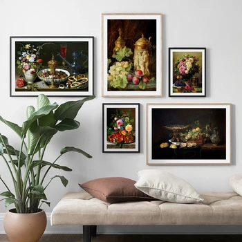Vintage Dipinti Ad Olio Fiori Frutta Su Tela Poster e Stampe Retrò Galleria di Arte Della Parete della Tela di canapa di Pittura A Casa Room Decor