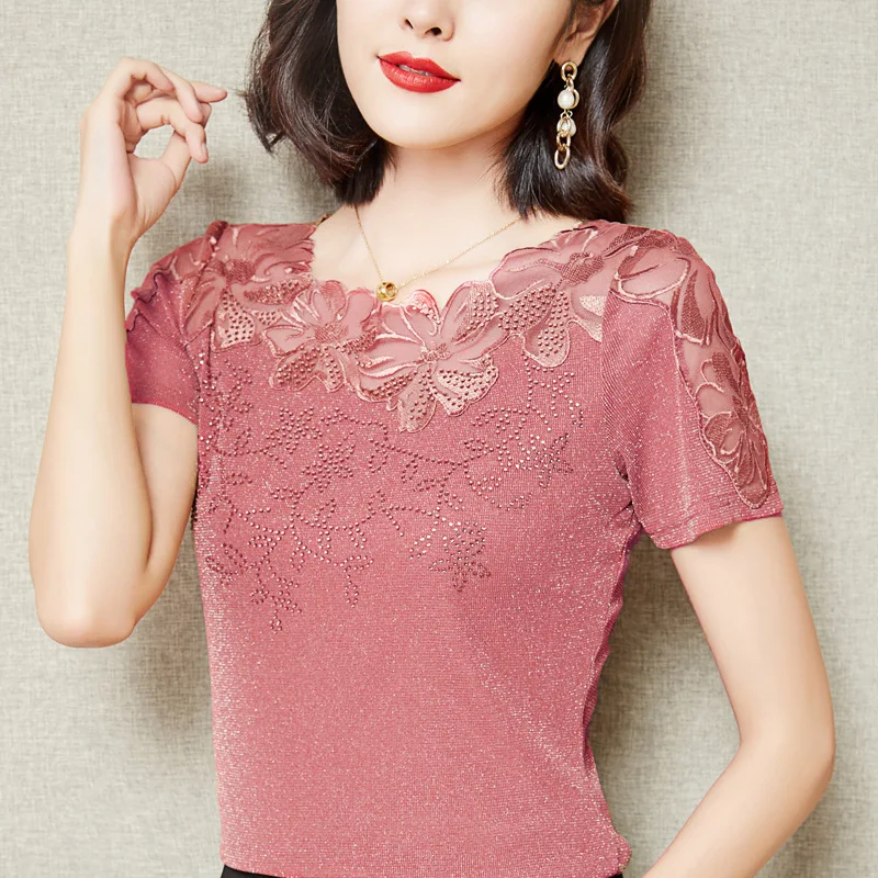 M-5XL 여성 티셔츠 2026 신상 레이스 속이 비치는 자수 메쉬 티셔츠 탑스 패..