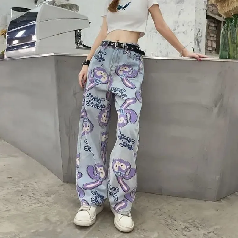 Straight Pants Women Jeans Printed Loose Zipper High-Waist Female Large-Size Cartoon