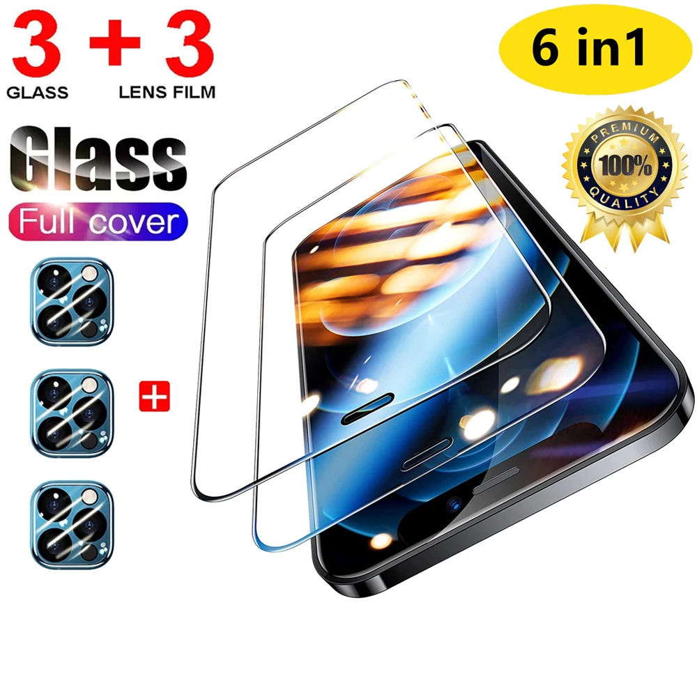 Protective Glass with Lens Film For iPhone 11 12 13 Pro Max Tempered Screen Protector 7 8 Plus XR XS MAX | Мобильные телефоны и