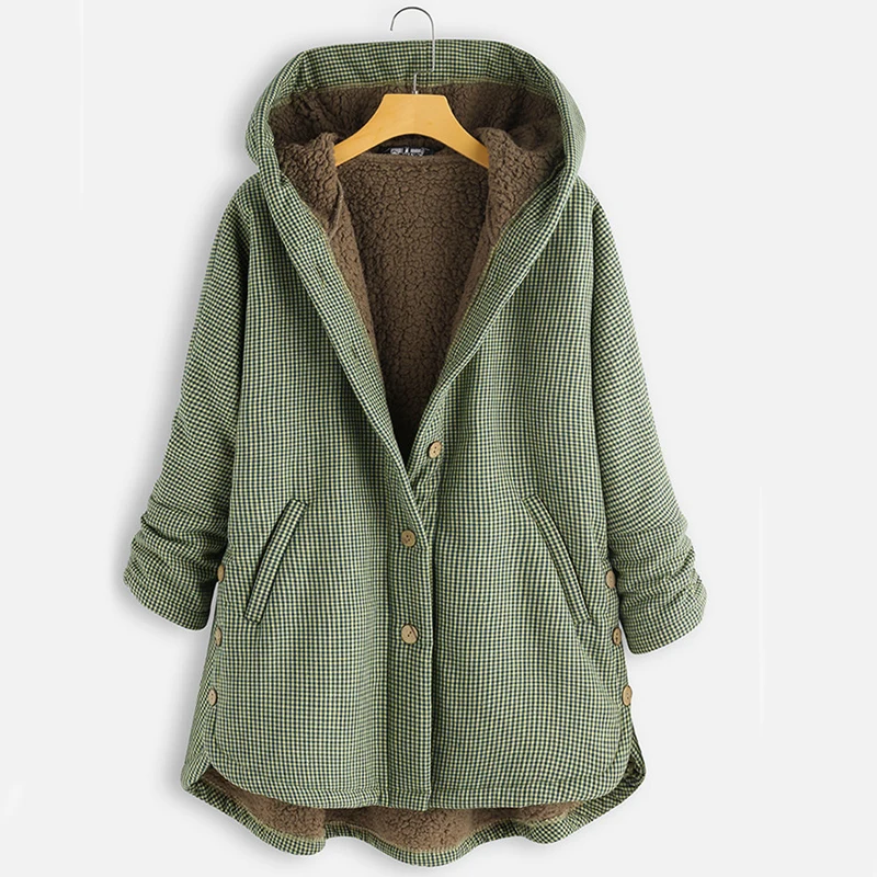 Зимнее женское пальто в винтажном стиле в клетку с длинным рукавом, теплые толстые парки размера плюс 5XL, пальто с капюшоном на пуговицах, женская зимняя куртка