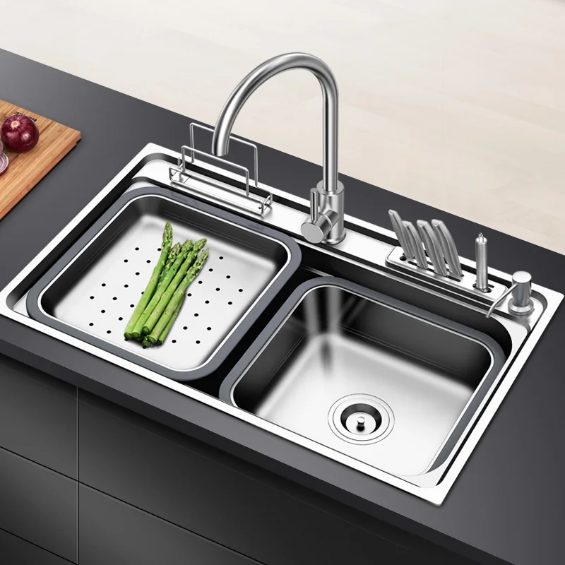 kitchen sink stainless steel With cutting board rack above counter or udermount single bowl sinks vegetable washing sink kitchen