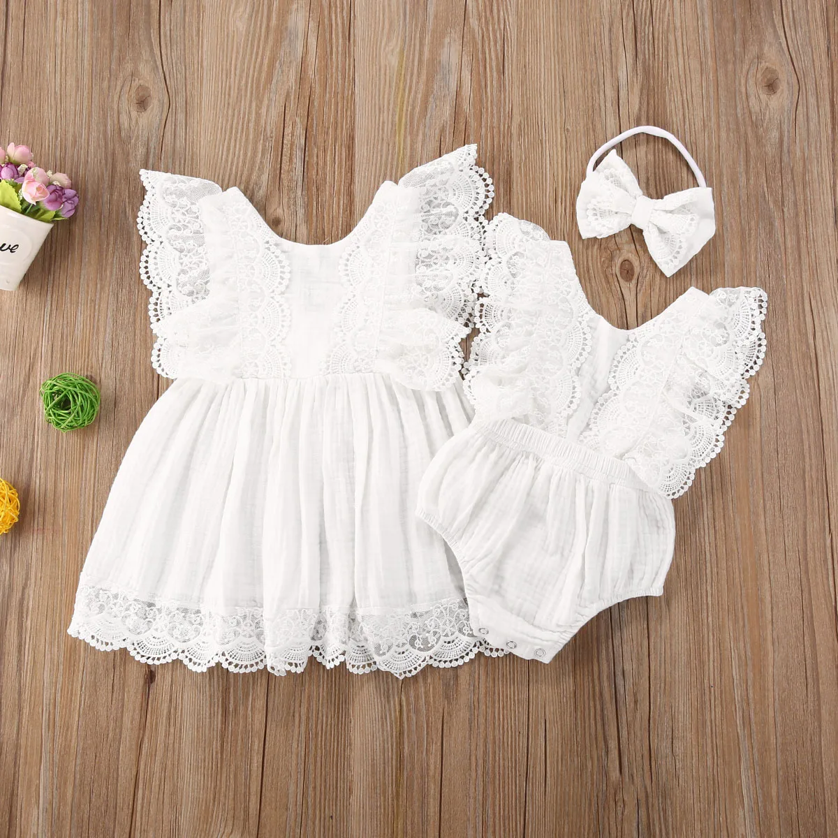 Citgeett-ropa a juego de verano para Hermanas, Pelele de encaje de Manga mariposa + diadema, conjunto de 2 piezas, vestido blanco de encaje