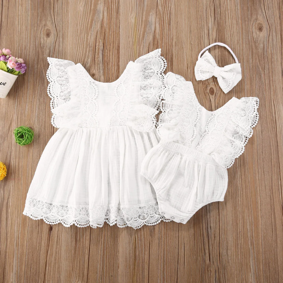 Citgeett Summer Matching Clothes Sisters Fly Sleeve Lace Romper+Headband 2-piece Outfit Set Fly Sleeve Lace White Dress