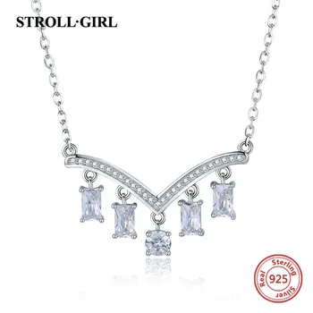 

Strollgirl 100% 925 sterling silver romantic Clear Cubic Zircon V shape crystal Necklace make for Women Anniversary Jewelry Gift