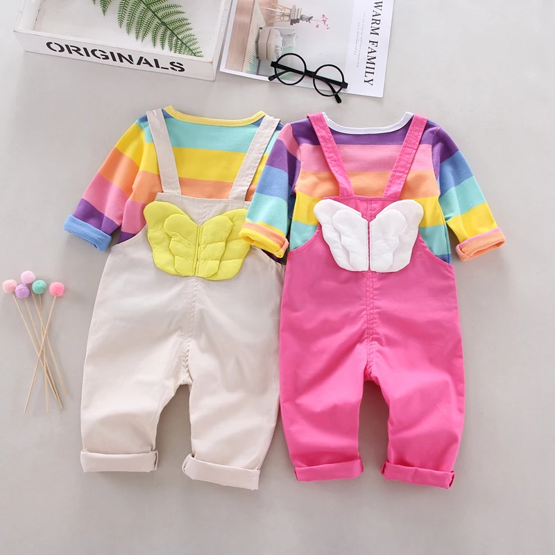 

Autumn Baby Girls Clothes 2pcs Long Sleeve Striped Print T-shirt Tops+Strap Pants With Wings Design Casual Outfits Set