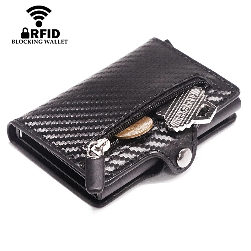 

2020 Leather Wallet Pop Up Card Case Magnet Carbon Fiber Coin Purse Aluminum Box Card Wallet RFID Men Wallet Card Holder