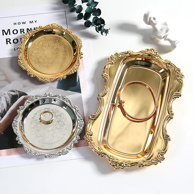 Gold Storage Tea Tray Set Stainless Steel Silver Cake Fruit Plate Jewelry Display Tray Wedding Dessert Plate Home Decor 1pc