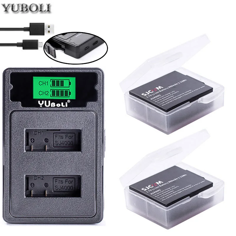 charger and 2battery SJCAM Sj4000 Батарея+ TYPE-C ЖК-дисплей Зарядное устройство для спортивной экшн-камеры SJCAM SJ4000 SJ5000 SJ6000 SJ8000 eken 4K H8 H9 GIT-LB101 GIT PG900 1050 SJ M10 - Цвет: charger and 2battery