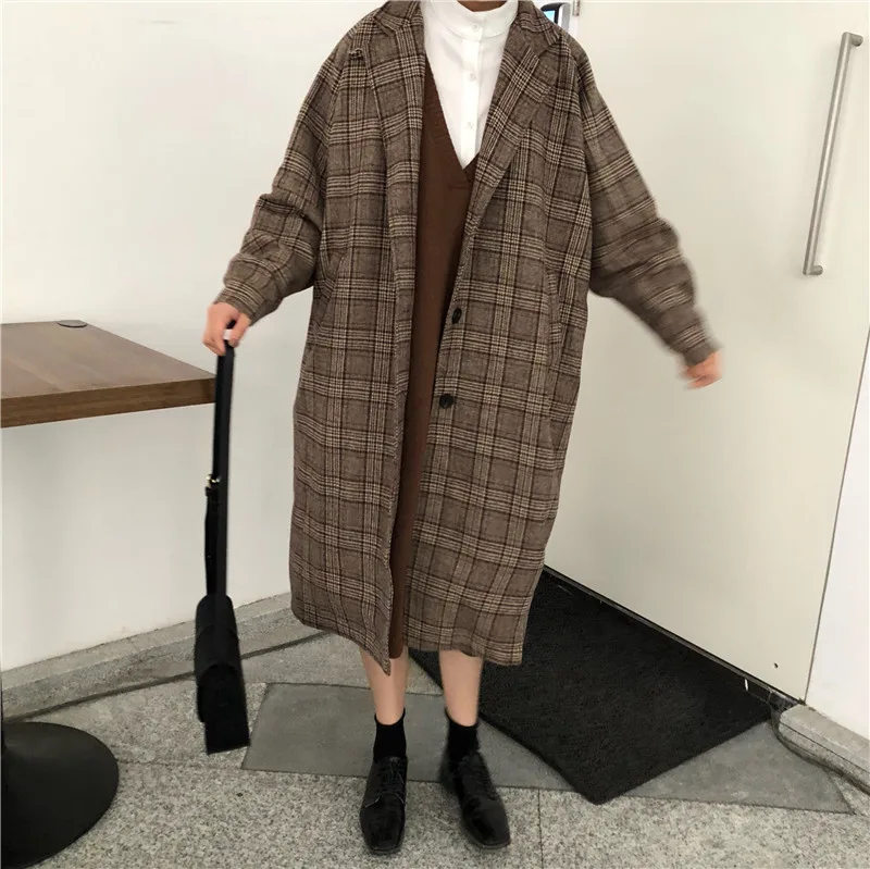 

Blends Women Plaid Long Coat Pockets Single Breasted Casual Elegant Loose Ladies Streetwear All-match Womens Woolen Outwear Chic