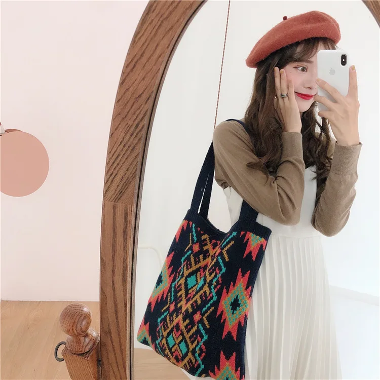 Hylhexyr 2021 Weave Women Casual Bag Retro Pattern Boho Chic Female Tote Bag Crochet Daily Handbag Large Capacity Open Bags