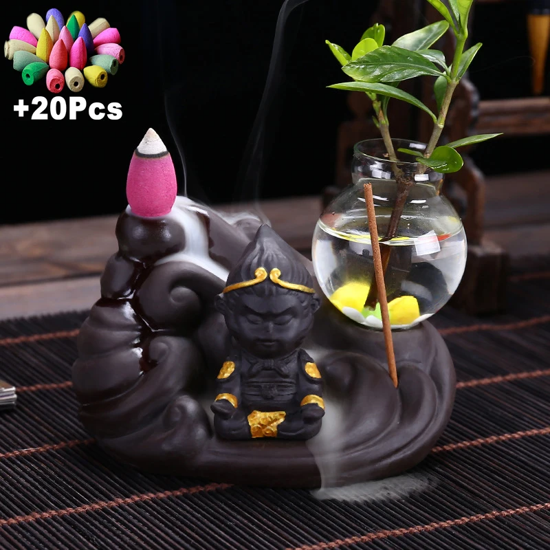 20 Incense Cones Backflow Incense Burner Monkey King Buddha Incense Censer Kungfu Tea Pet Hydroponic Glass Vase Flower Pot